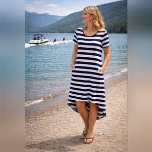 EXIST Striped Blue & White Women's Dress, shorter front, longer back